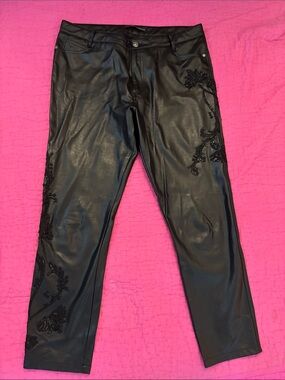 Ermanno Scervino Black Faux Leather Straight Leg Pants with Bead Embellishment